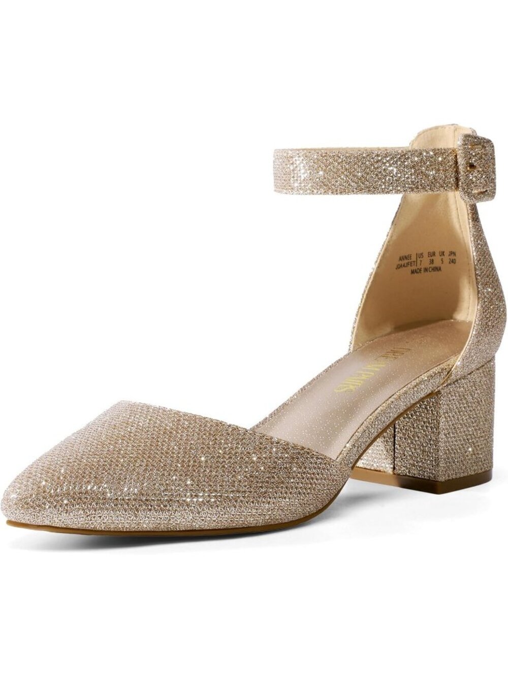 Women's Gold Glitter ANNEE Closed Toe  Chunky Block Heel Ankle Strap Pumps Shoes